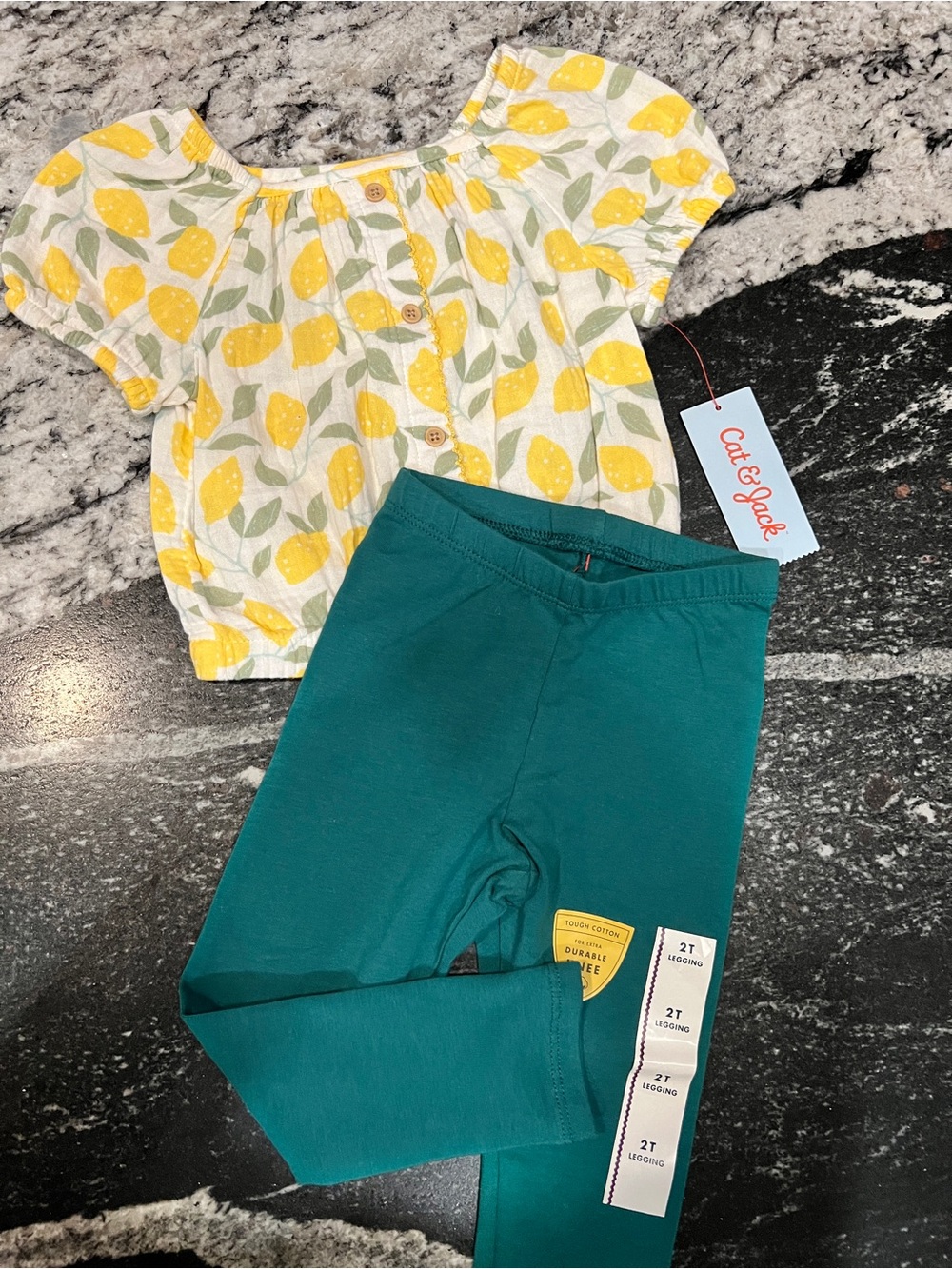 Cat & Jack 2T Lemon Print Top & Teal Leggings 2-Piece Outfit Set NWT